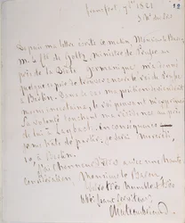 Letter with Signature of the Writer, Written at Frankfurt en Route to Chateaubriand